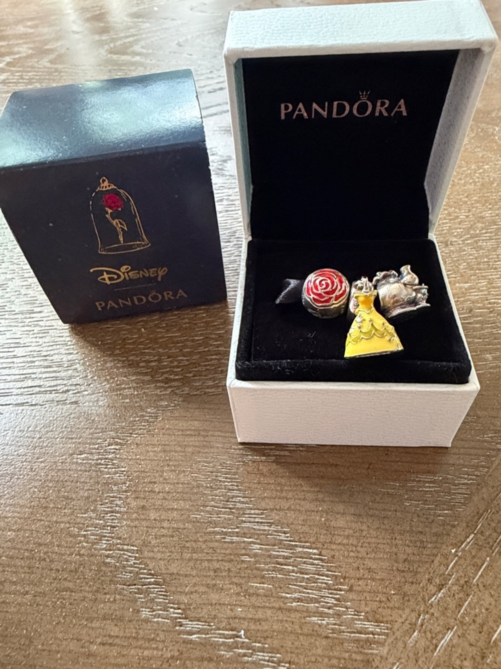 Authentic Pandora Disney Belle Yellow Dress, Red Rose and Mrs Pots Charms